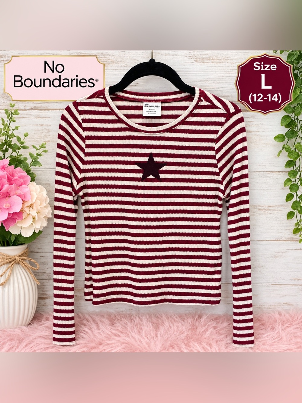 No Boundaries Striped Long Sleeve Top Red & White Large